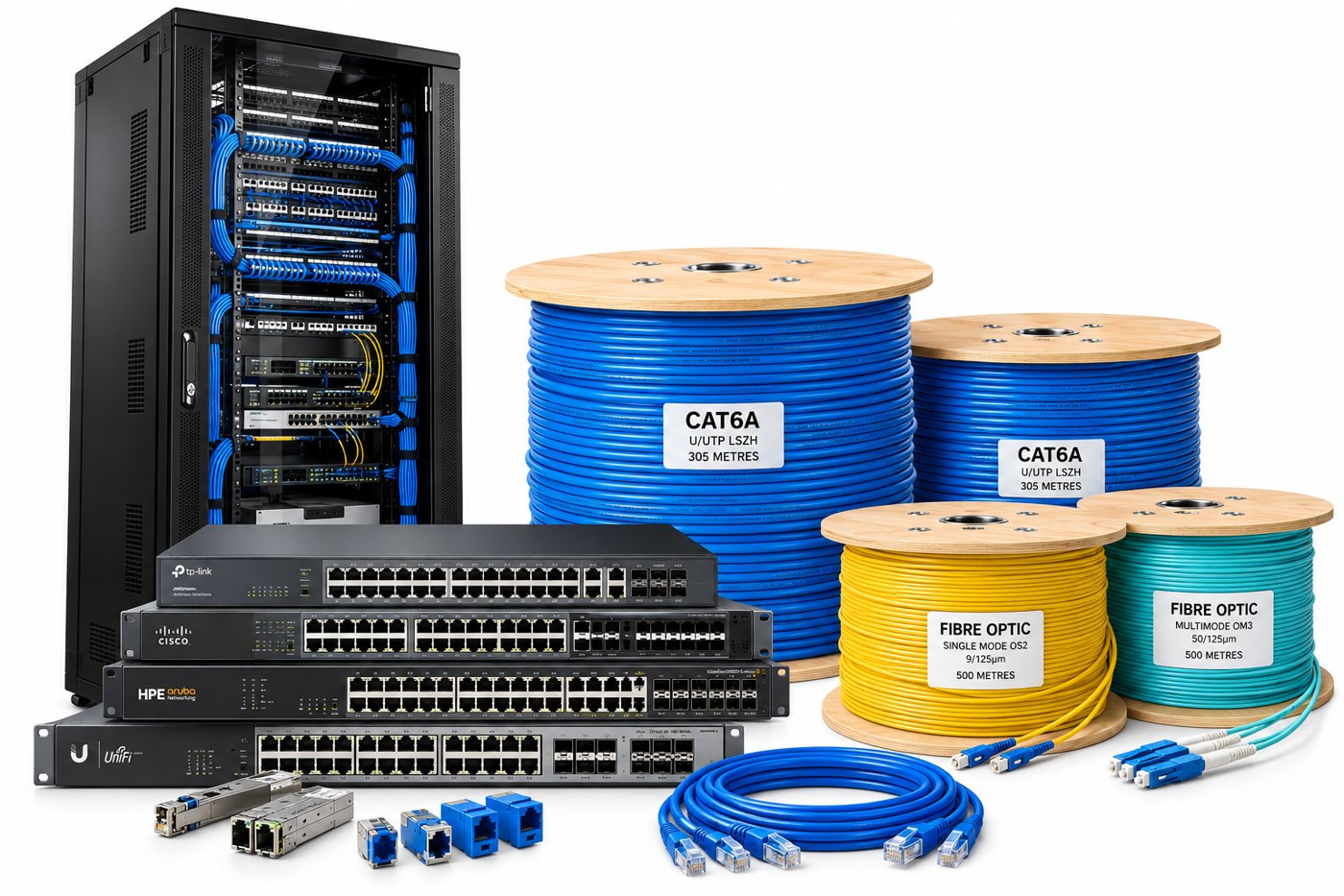 Comms rack with Cat6A and fibre optic cabling and network switches