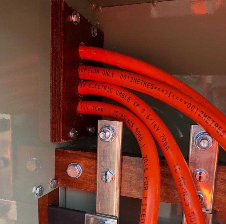 70mm consumer mains cables entering a switchboard