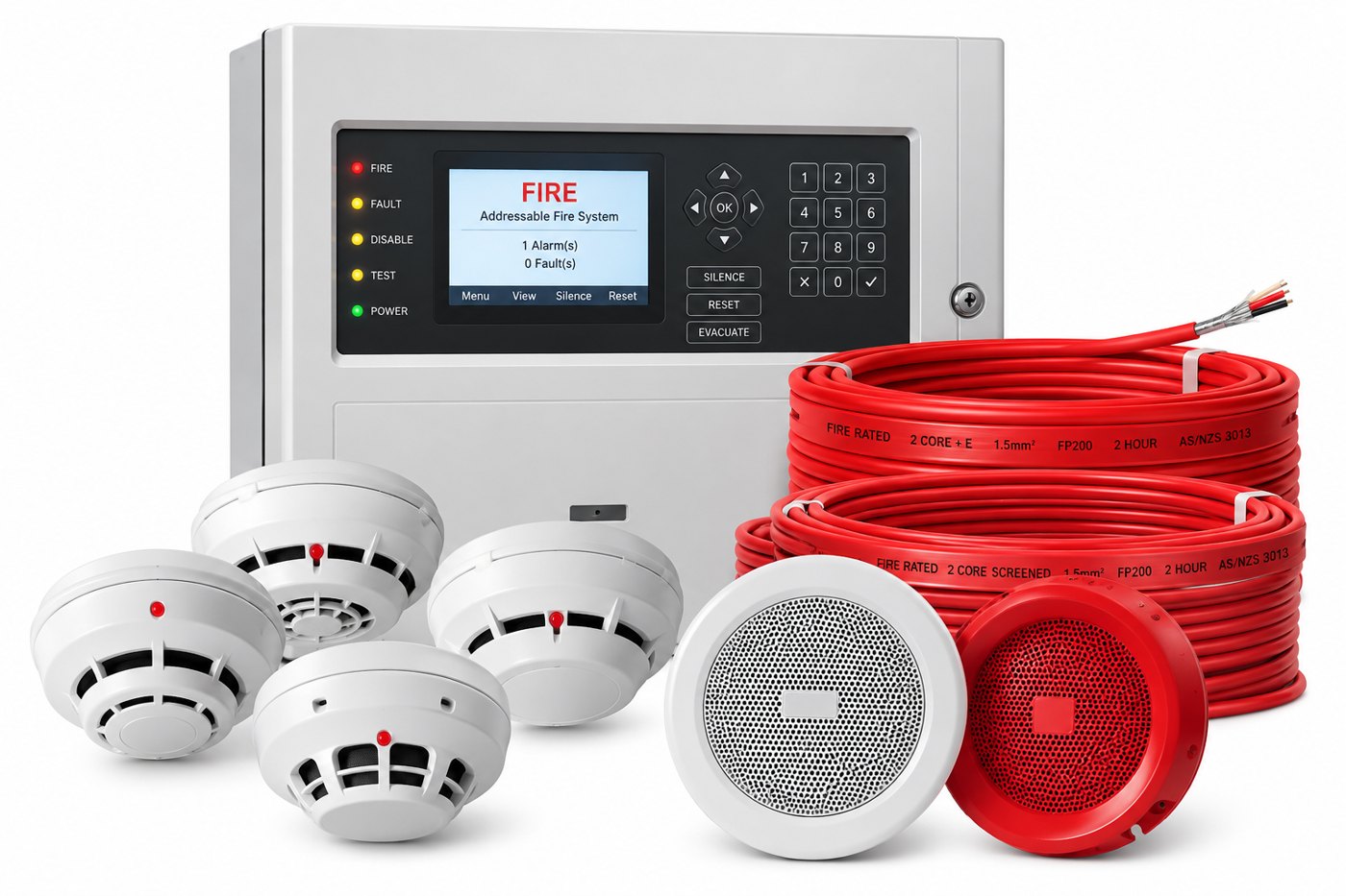 Addressable fire panel, detectors and fire rated cable