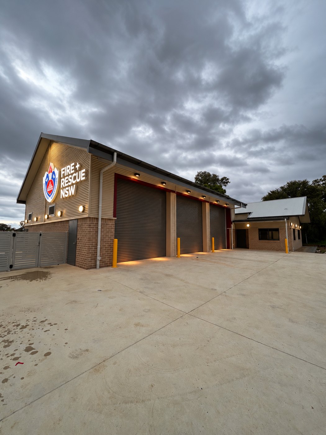 Fire and Rescue NSW station with external lighting and illuminated signage
