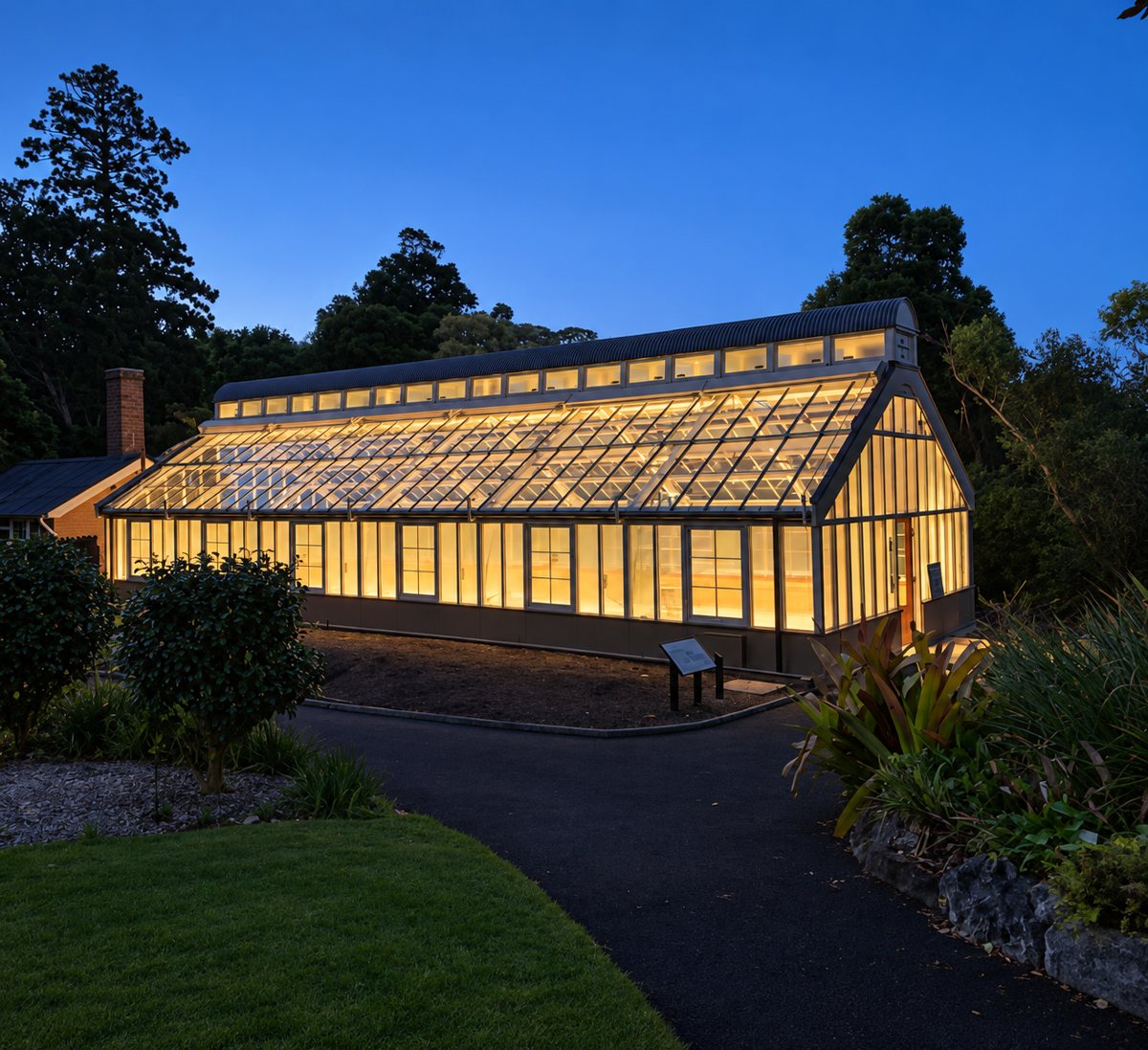 Heritage glasshouse lit from inside at dusk