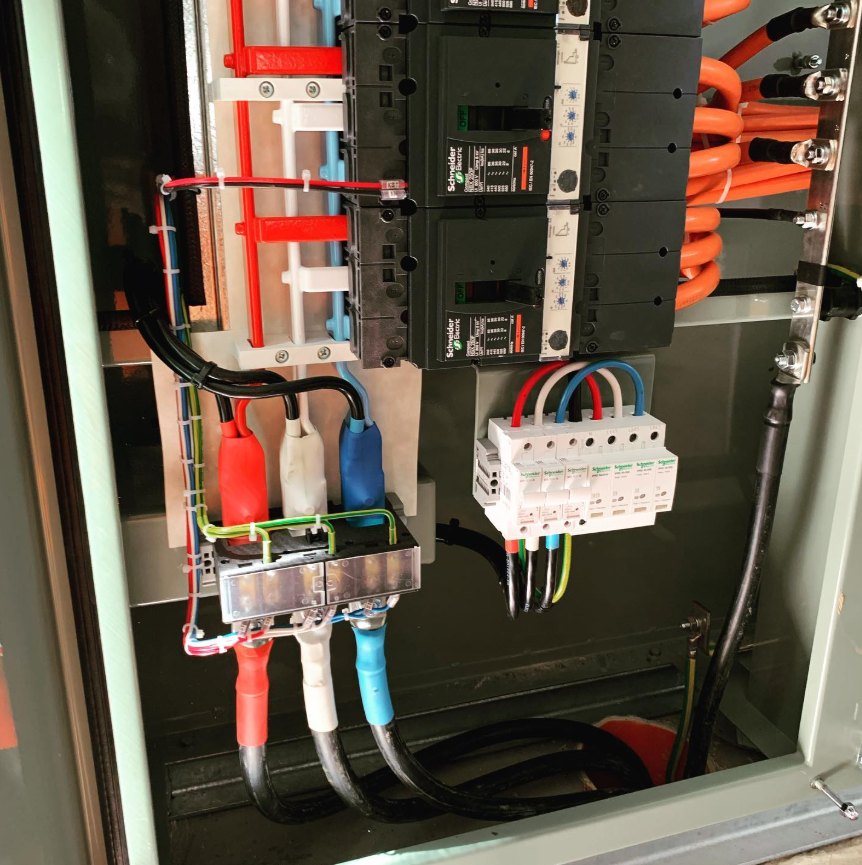 Main switchboard with circuit breakers and surge protection
